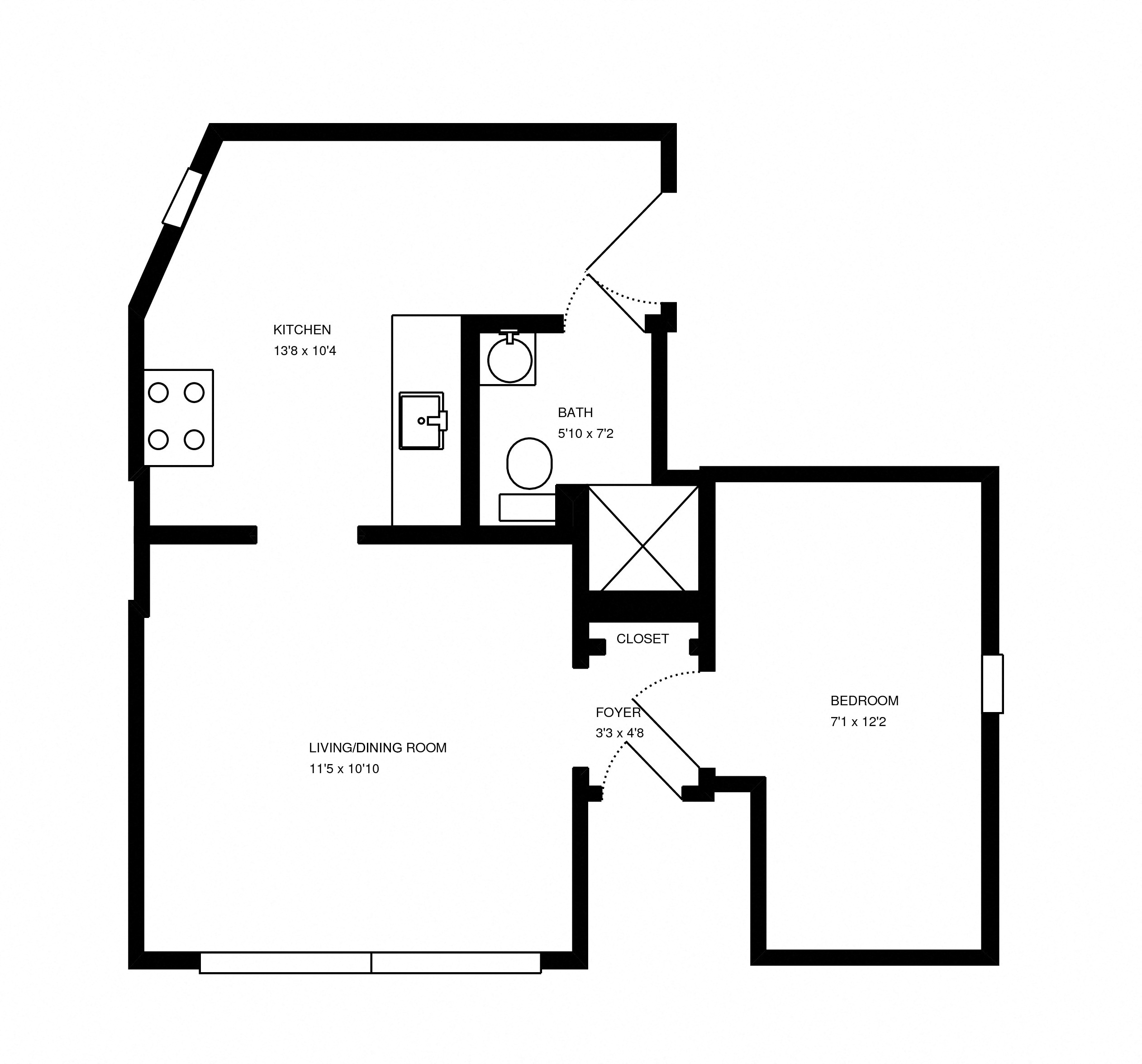 Floor plan for studio, 1 bath, 500 sqft